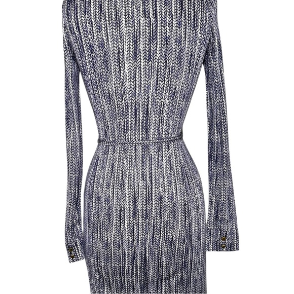 Tory Burch 100% silk belted shirt dress gold logo cuff buttons blue ivory small - Picture 7 of 15